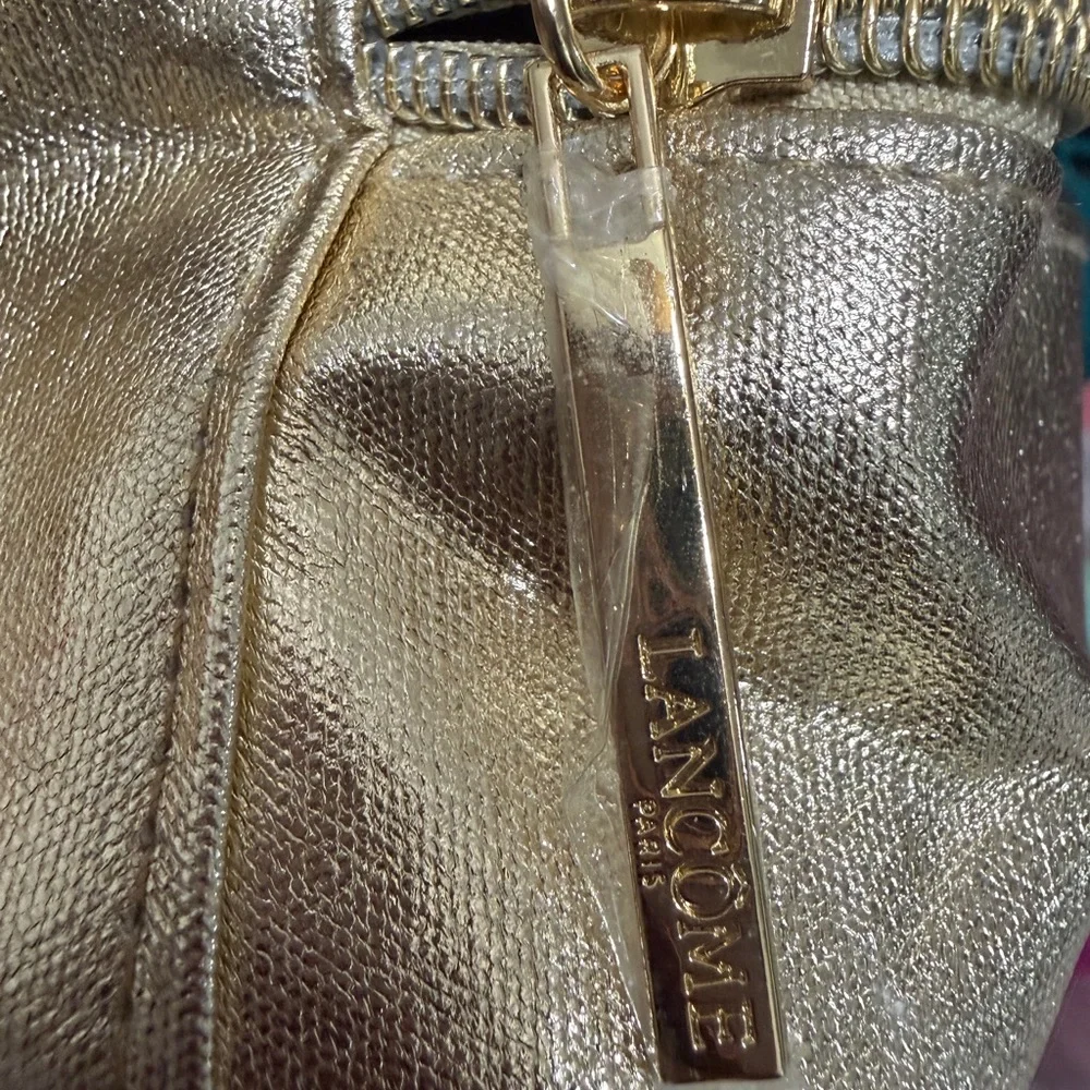 Lancome Gold Cosmetic Bag with Embossed Rose Design